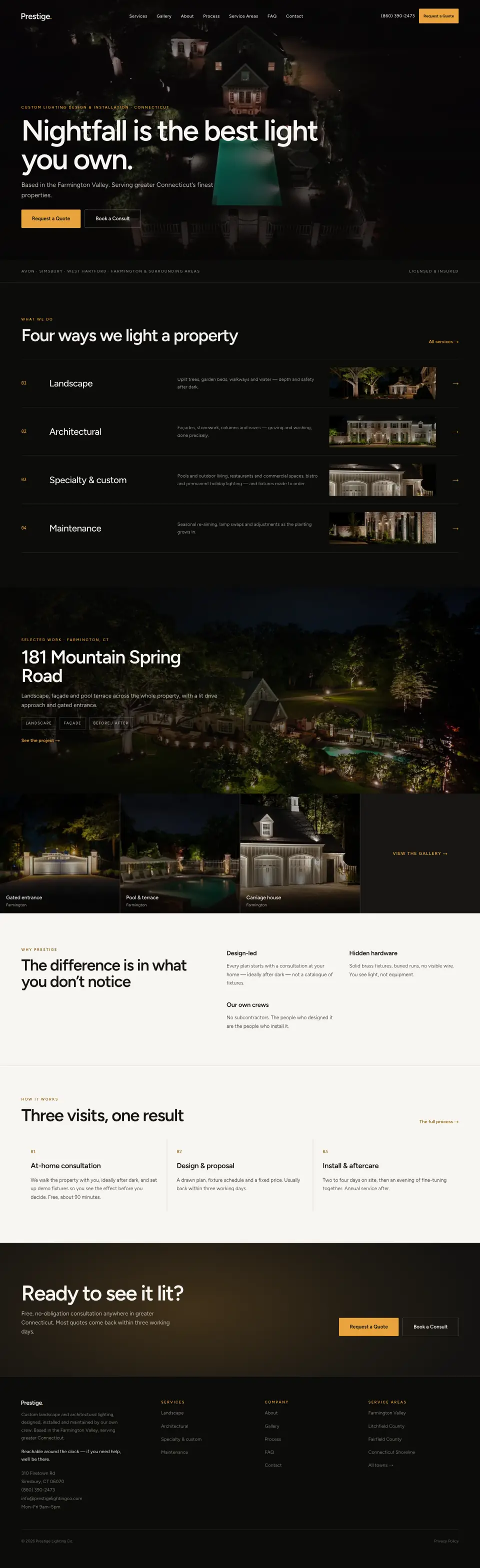 Prestige Lighting Co website — full homepage